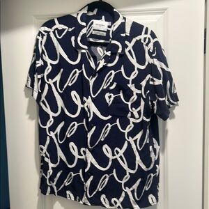 Navy and White Script Print Men's Shirt